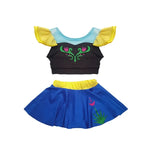 Load image into Gallery viewer, Children's outfit with black crop top and blue skirt on a white background
