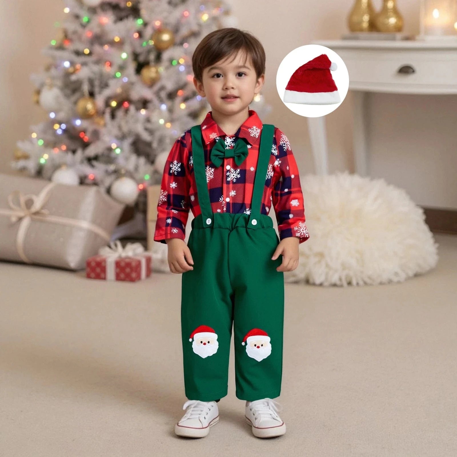 Baby Christmas Outfit with a Plaid Shirt and Bow Tie and Suspender Pants