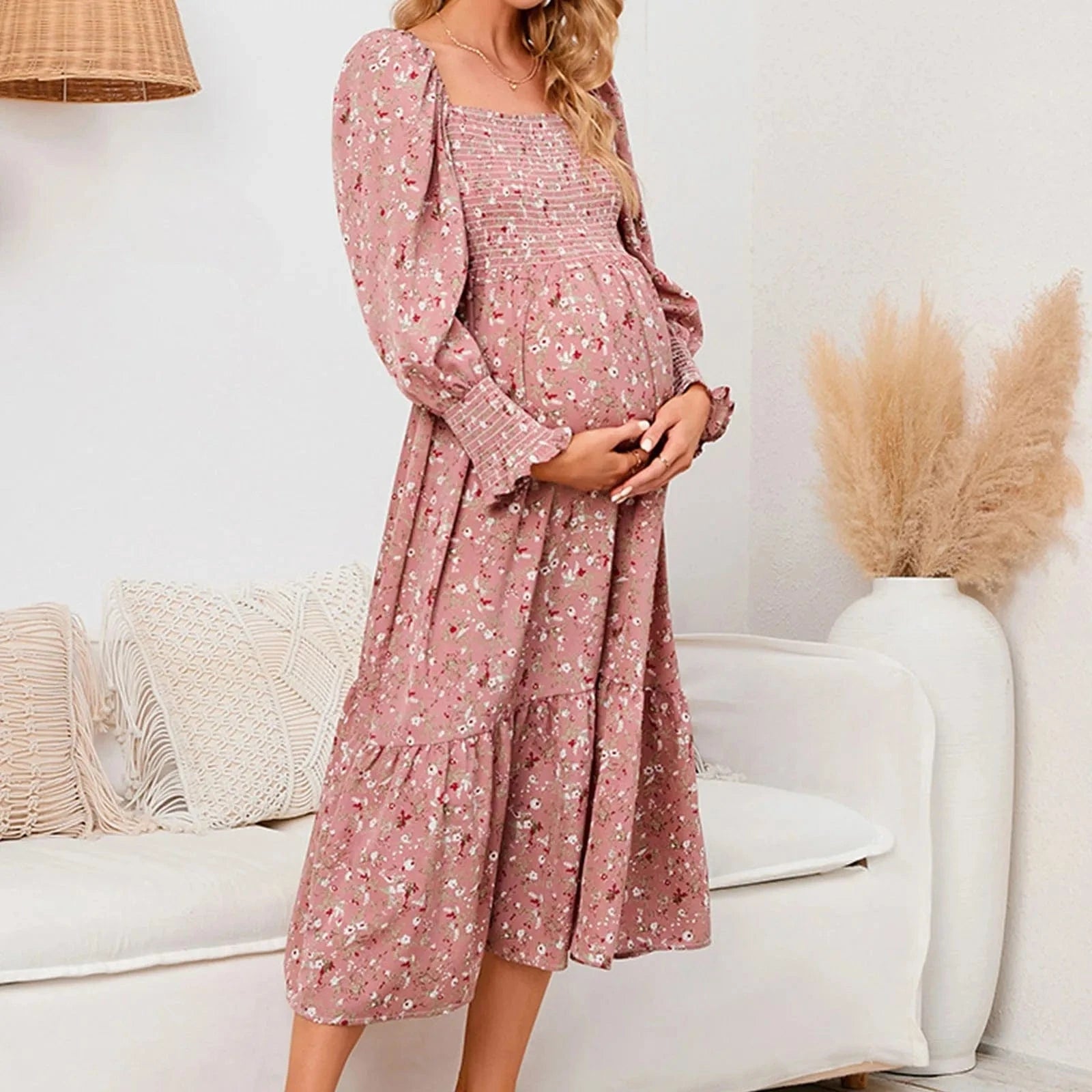 Spring Maternity Chiffon Dress with Long Sleeved