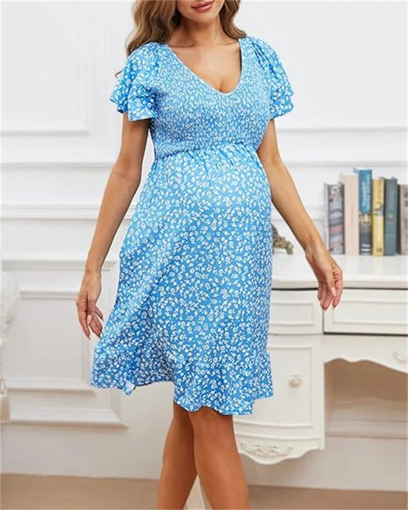 Maternity Summer Dress - V-neck Floral Casual Short-Sleeve Dress