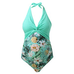 Load image into Gallery viewer, Maternity One Piece Halter with Floral Print Bottom and Solid Top
