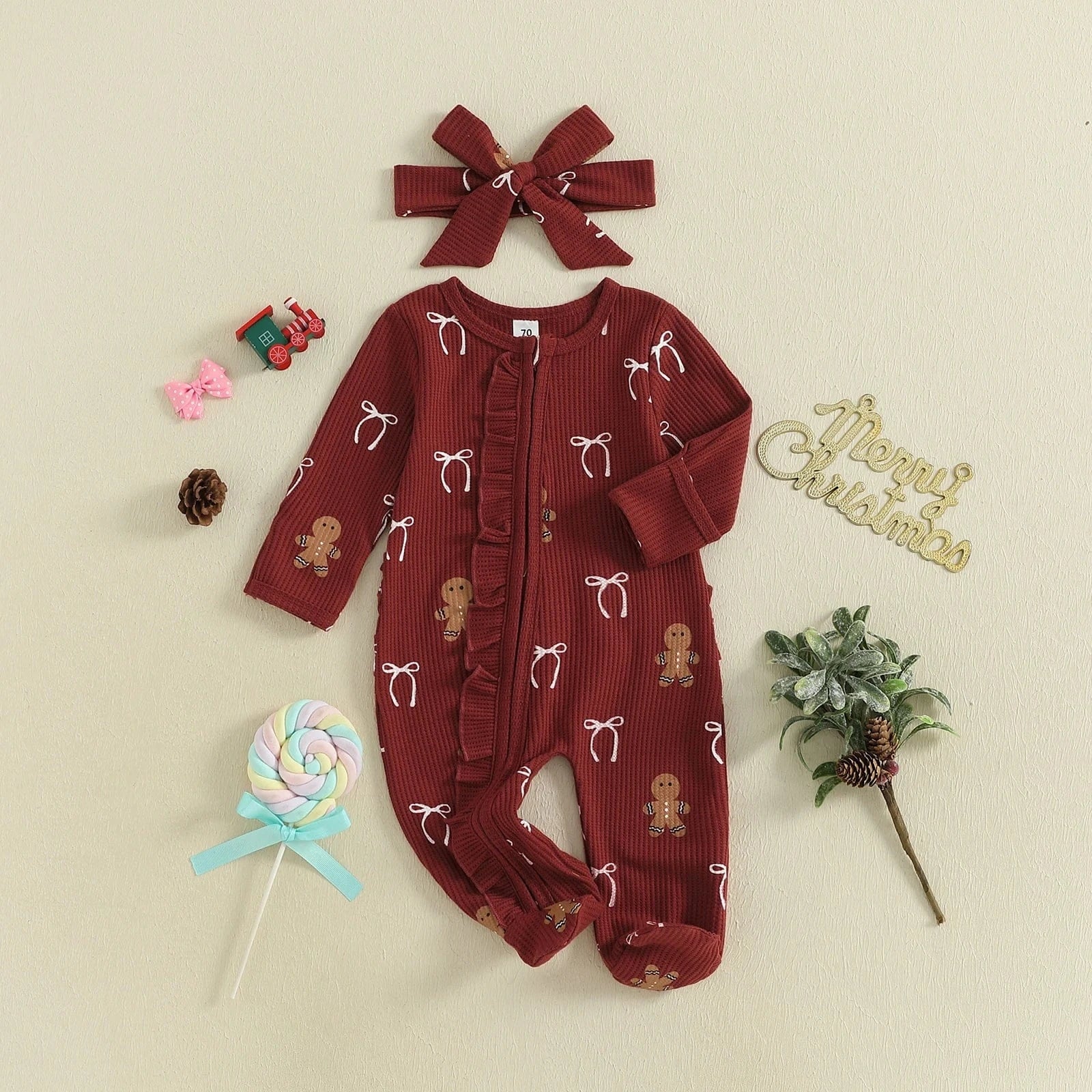 Lovely Baby Girls or Boy Christmas Romper with Long Sleeve either Candy Cane/Gingerbread Print