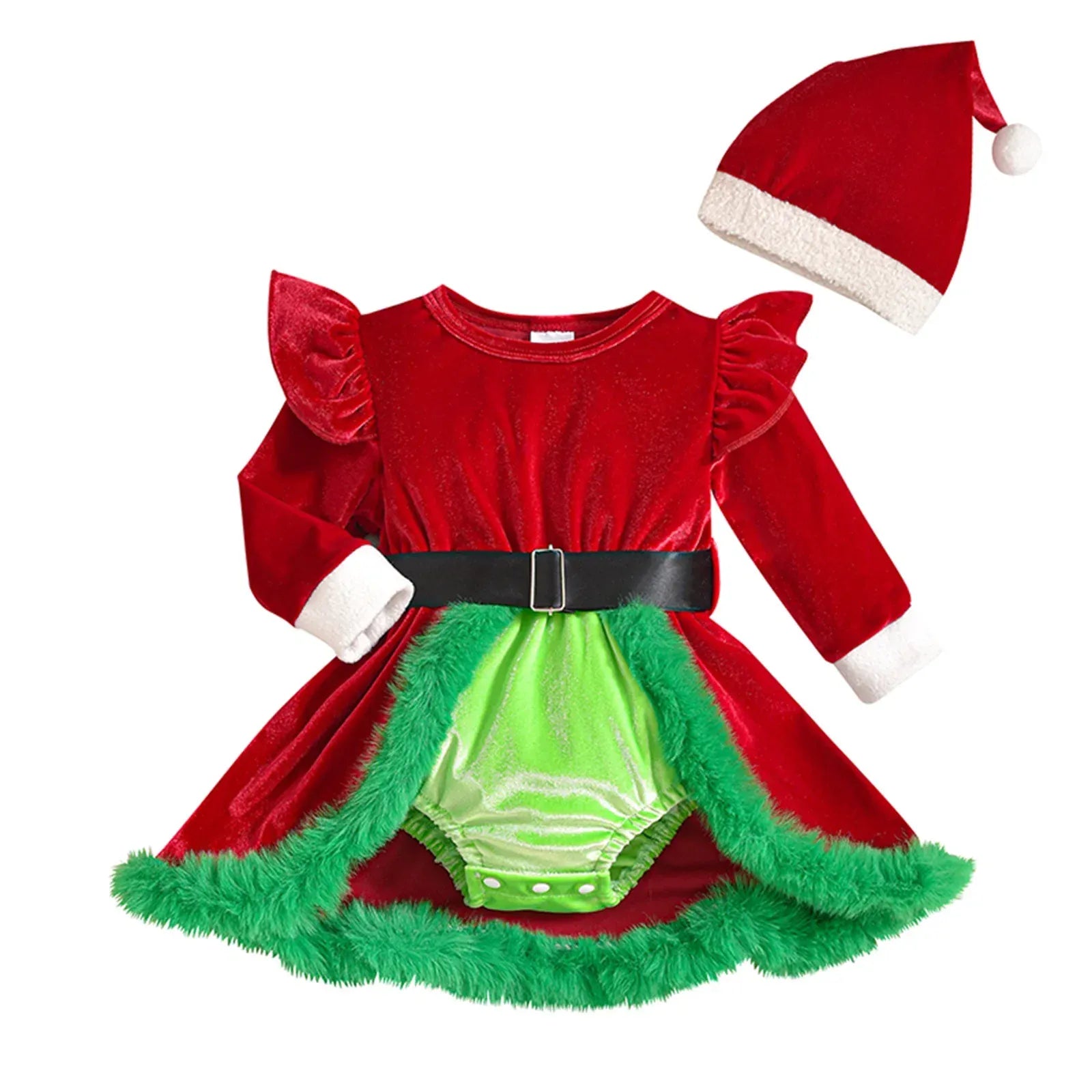 Christmas Infant Baby Girls Velvet Bodysuit Dress with Long Sleeve and Cap