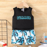 Load image into Gallery viewer, Black sleeveless top with &#39;SUMMER&#39; text and palm tree shorts on a wooden surface.
