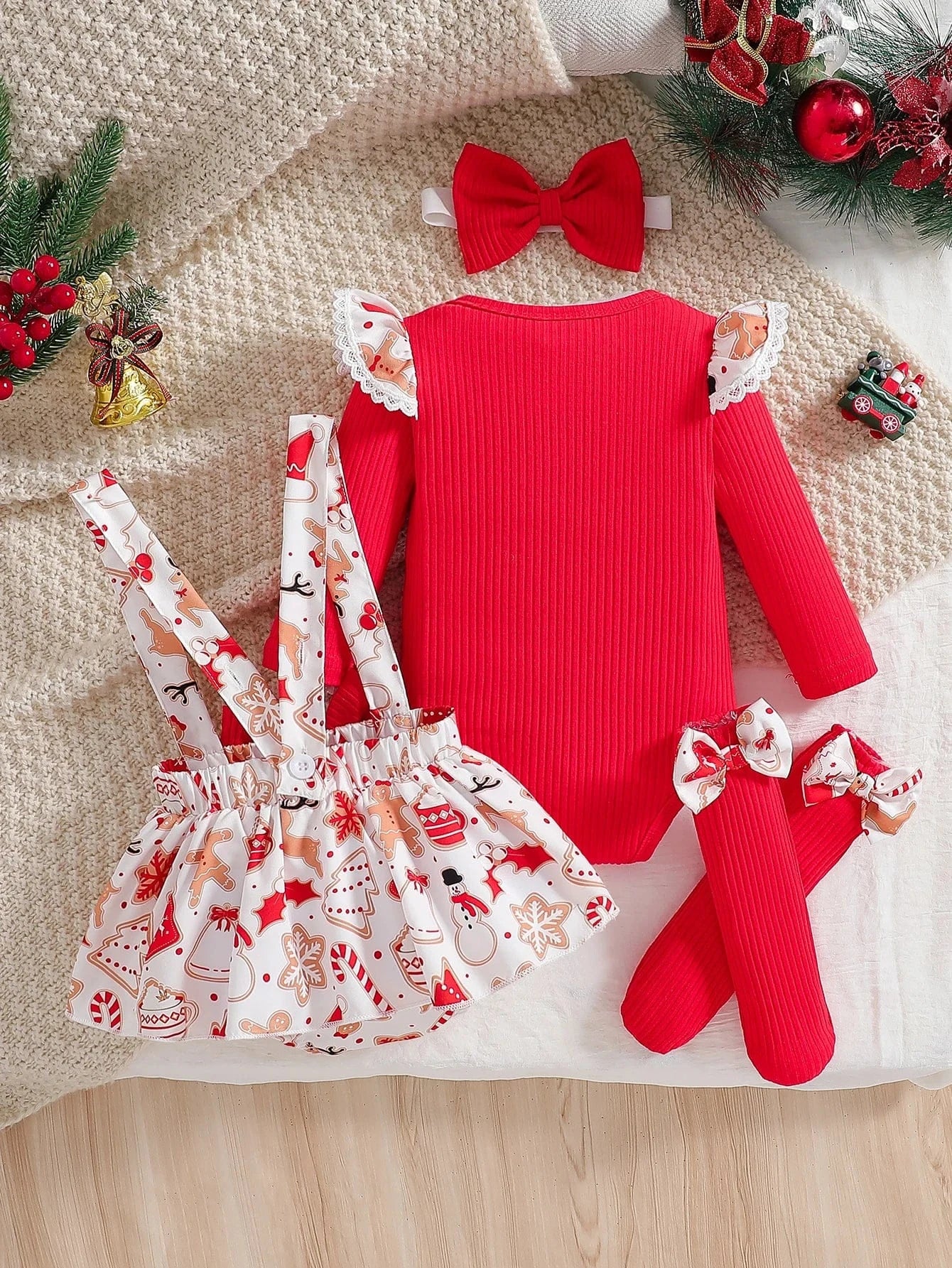 Baby girl cute Christmas Costume with Round Neck and Ruffled Long Sleeved