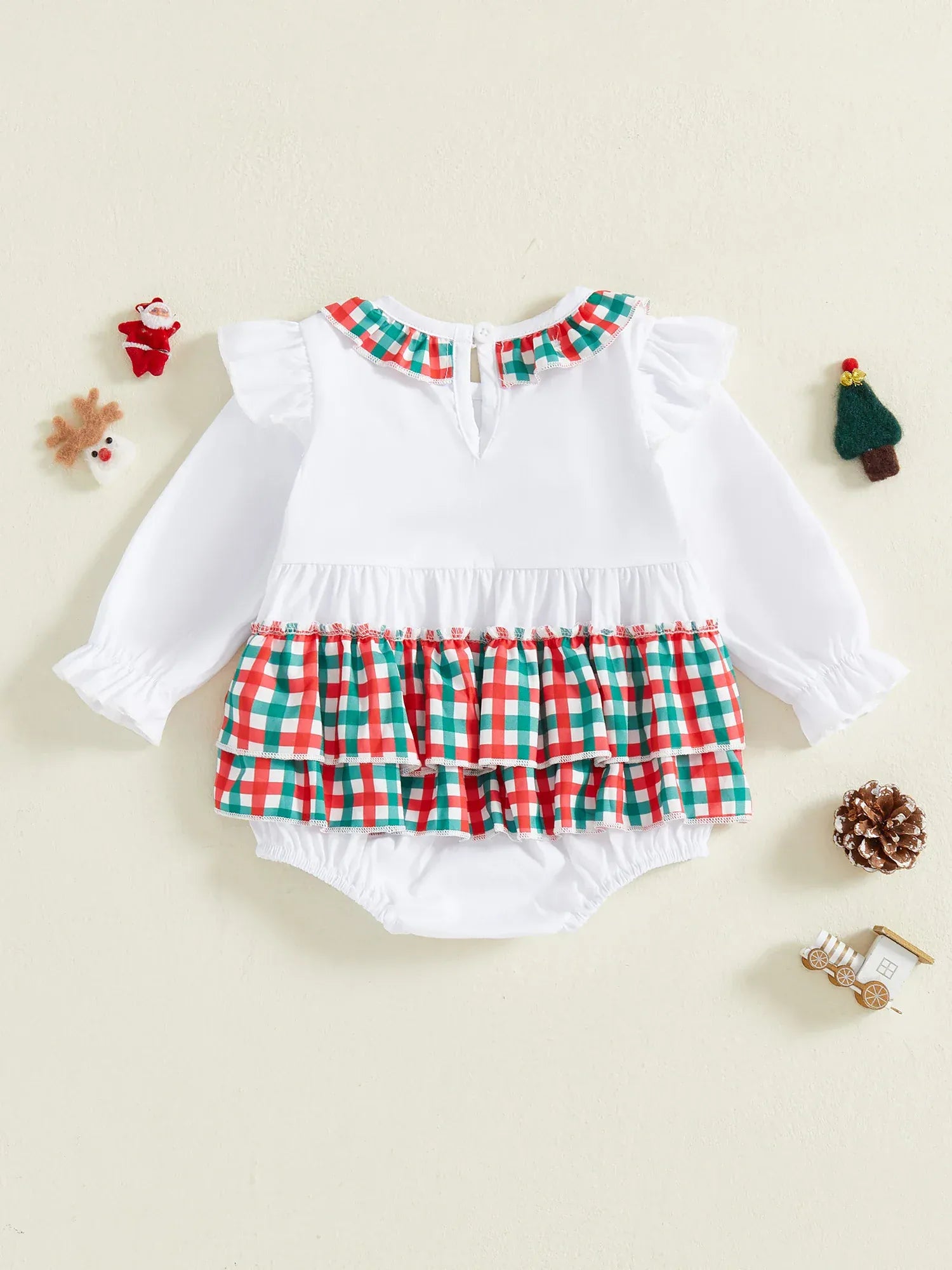 Christmas Romper with Cute Reindeer Print and Bow Detail  - Long Sleeve