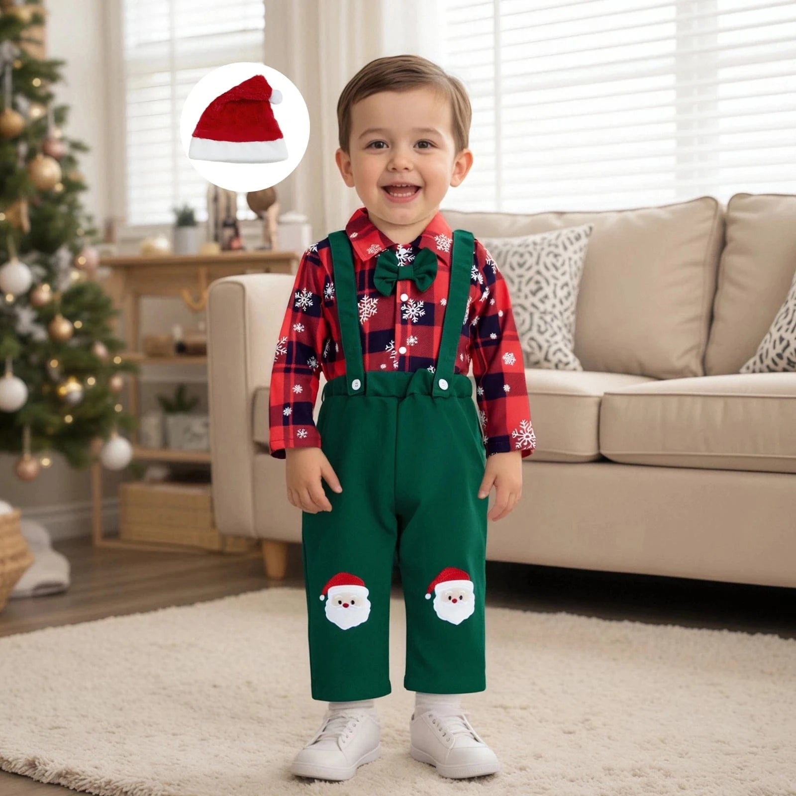 Baby Christmas Outfit with a Plaid Shirt and Bow Tie and Suspender Pants