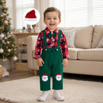 Load image into Gallery viewer, Baby Christmas Outfit with a Plaid Shirt and Bow Tie and Suspender Pants
