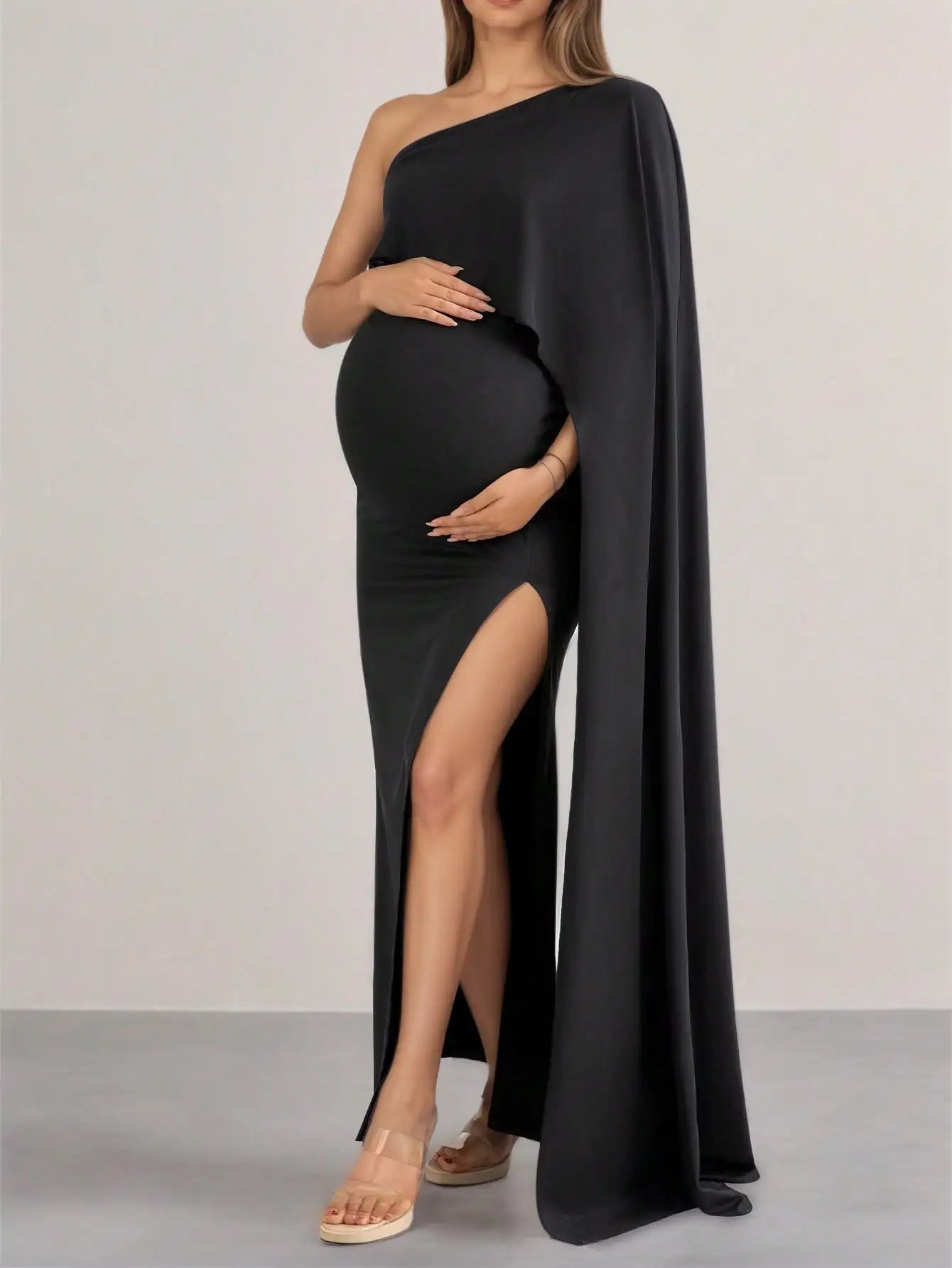 black maternity wedding guest dress Maternity Black, One Shoulder Maxi Dress with High Slit