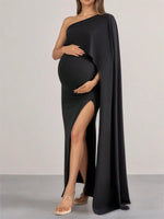 Load image into Gallery viewer, Maternity Black, One Shoulder  Maxi Dress with High Slit - Perfect for Formal Evening Gown for Wedding Guest &amp; Photoshoot
