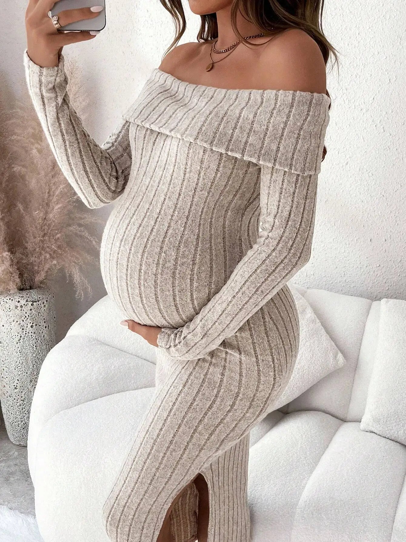 Long Sleeve, Off the shoulder Maternity Knit Sweater Dresses
