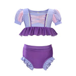 Load image into Gallery viewer, Purple two-piece swimsuit with ruffled top and bottom on a white background
