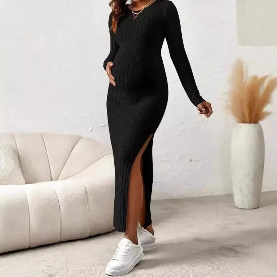 Maternity Dresses with Long Sleeve, Side Slit with Rib Knit