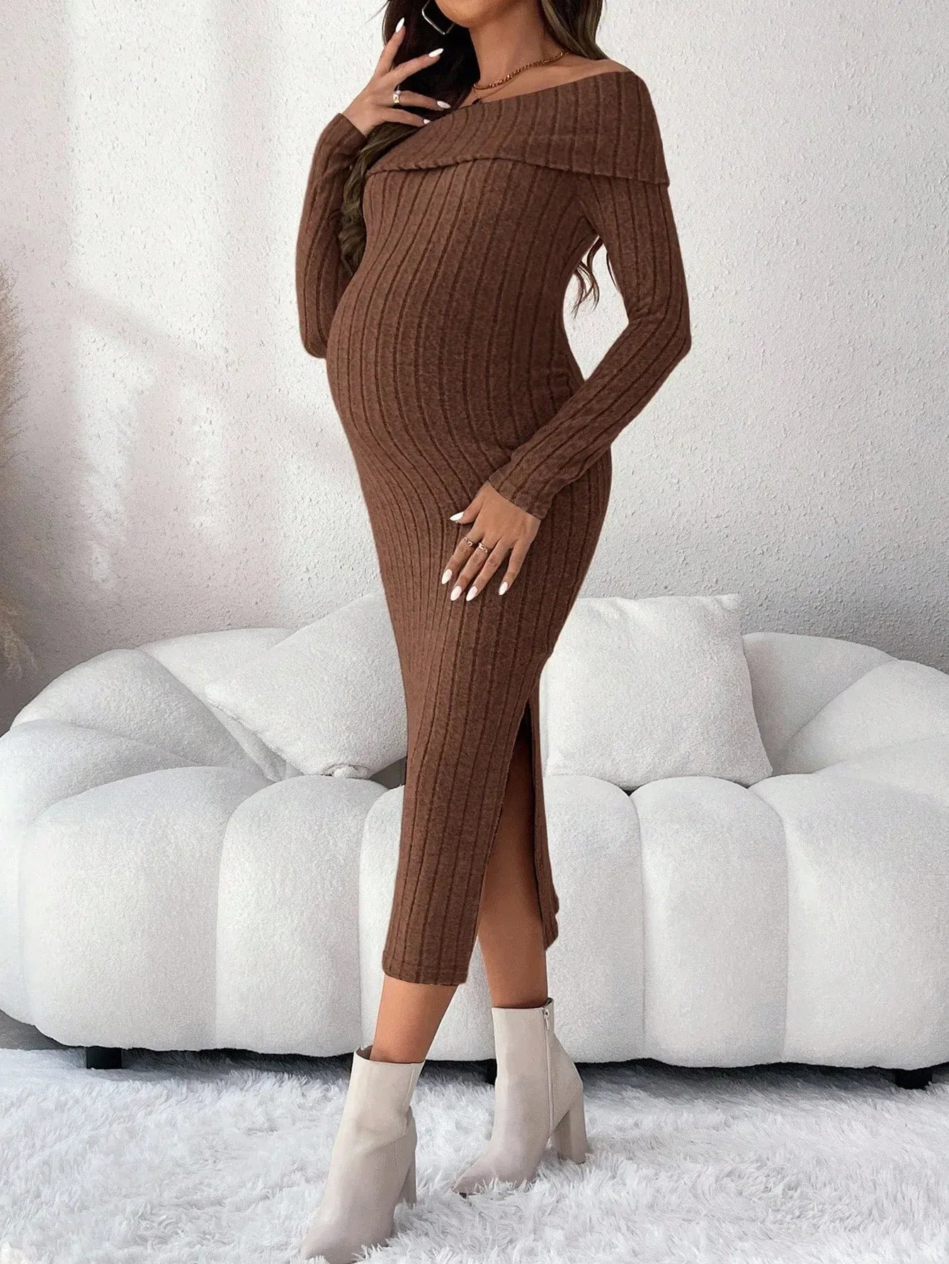 Long Sleeve, Off the shoulder Maternity Knit Sweater Dresses