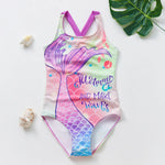 Load image into Gallery viewer, Colorful mermaid-themed swimsuit with text on a white background
