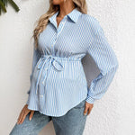Load image into Gallery viewer, Maternity Striped Print Shirt With Long Sleeve and Lace-up Waist
