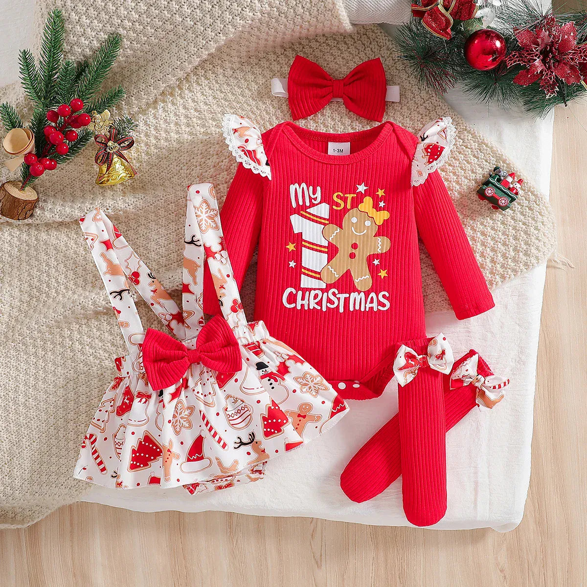 Baby girl cute Christmas Costume with Round Neck and Ruffled Long Sleeved