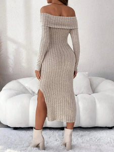 Long Sleeve, Off the shoulder Maternity Knit Sweater Dresses Coffee / L