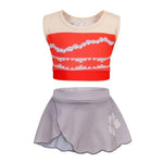 Load image into Gallery viewer, Red crop top with white patterns and gray skirt on a white background
