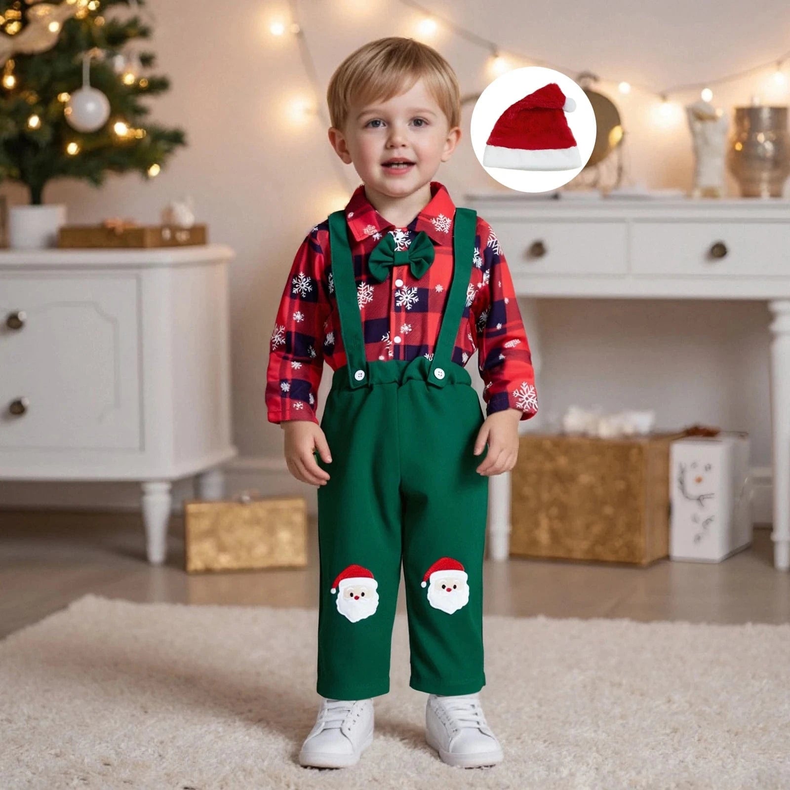 Baby Christmas Outfit with a Plaid Shirt and Bow Tie and Suspender Pants