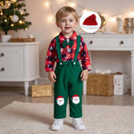 Load image into Gallery viewer, Baby Christmas Outfit with a Plaid Shirt and Bow Tie and Suspender Pants
