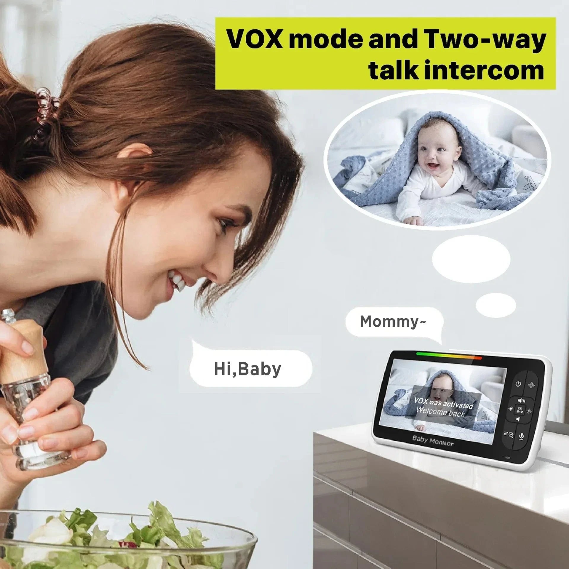 5 Inch Video Baby Monitor with Camera 360° with Remote Control - Pan-Tilt 2X Zoom Nanny Cam