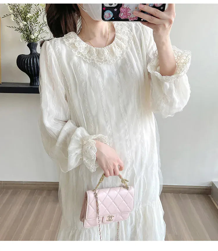 Maternity Lace Dress with Peter Pan Collar and Long Flare Sleeve