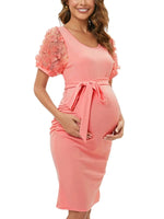 Load image into Gallery viewer, Elegant Lace Maternity Dress with Floral Embroidery  and Short Sleeve
