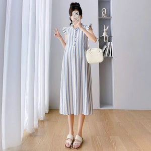 Summer Maternity Striped Dress with Petal Sleeves