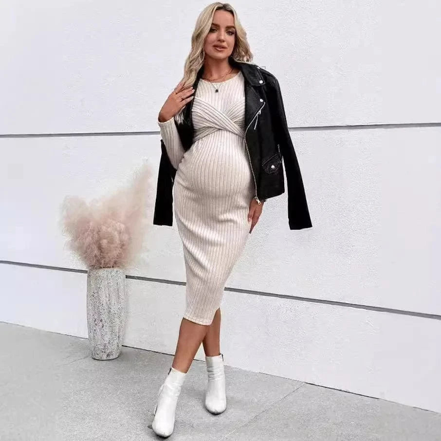 Maternity Long Sleeve Dress - Flattering Cross Body Top