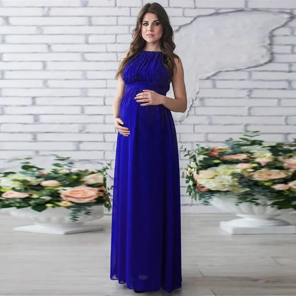 Sleeveless Maternity Party Dress with Round Neck and Belted Waist