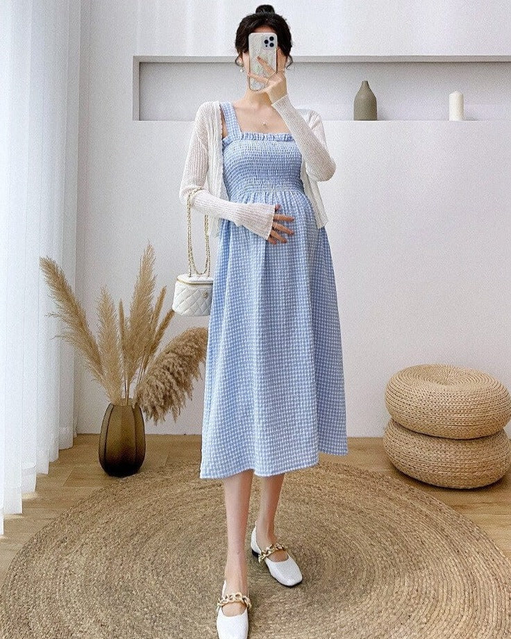 Maternity Dresses for the Summer with Knitted Sunscreen Cardigan Shawl - 2 Pieces