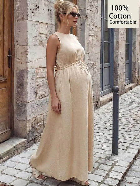 Maternity Sleeveless Elastic Waist Maxi Dress Coffee / XXL / United States