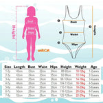 Load image into Gallery viewer, Measurement chart for children's swimsuits with a pink silhouette and size chart.
