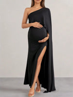 Load image into Gallery viewer, Maternity Black, One Shoulder  Maxi Dress with High Slit - Perfect for Formal Evening Gown for Wedding Guest &amp; Photoshoot
