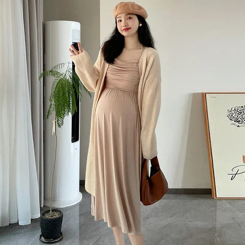 Maternity Dresses with Long Sleeve and a Square Collar - Two Pieces