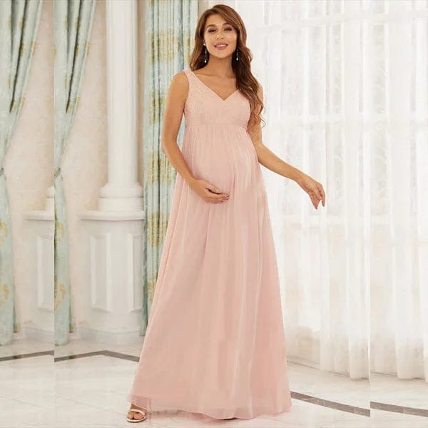 Chiffon Lace Maternity Long Dress with a V-neck