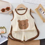 Load image into Gallery viewer, Children&#39;s sleeveless top and shorts set with bear design on a white surface.
