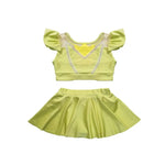 Load image into Gallery viewer, Yellow crop top and skirt set on a white background

