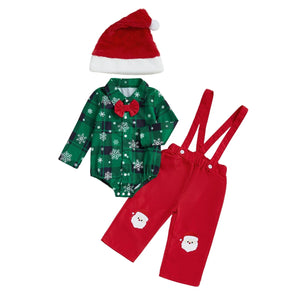 Baby Christmas Outfit with a Plaid Shirt and Bow Tie and Suspender Pants