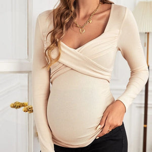 Maternity Cross Wrap, Long Sleeve, V-Neck Ribbed Top