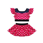 Load image into Gallery viewer, Pink polka dot top and skirt set on a white background
