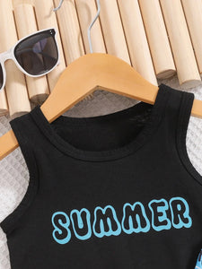 Black tank top with 'SUMMER' text in blue on a hanger with sunglasses in the background.
