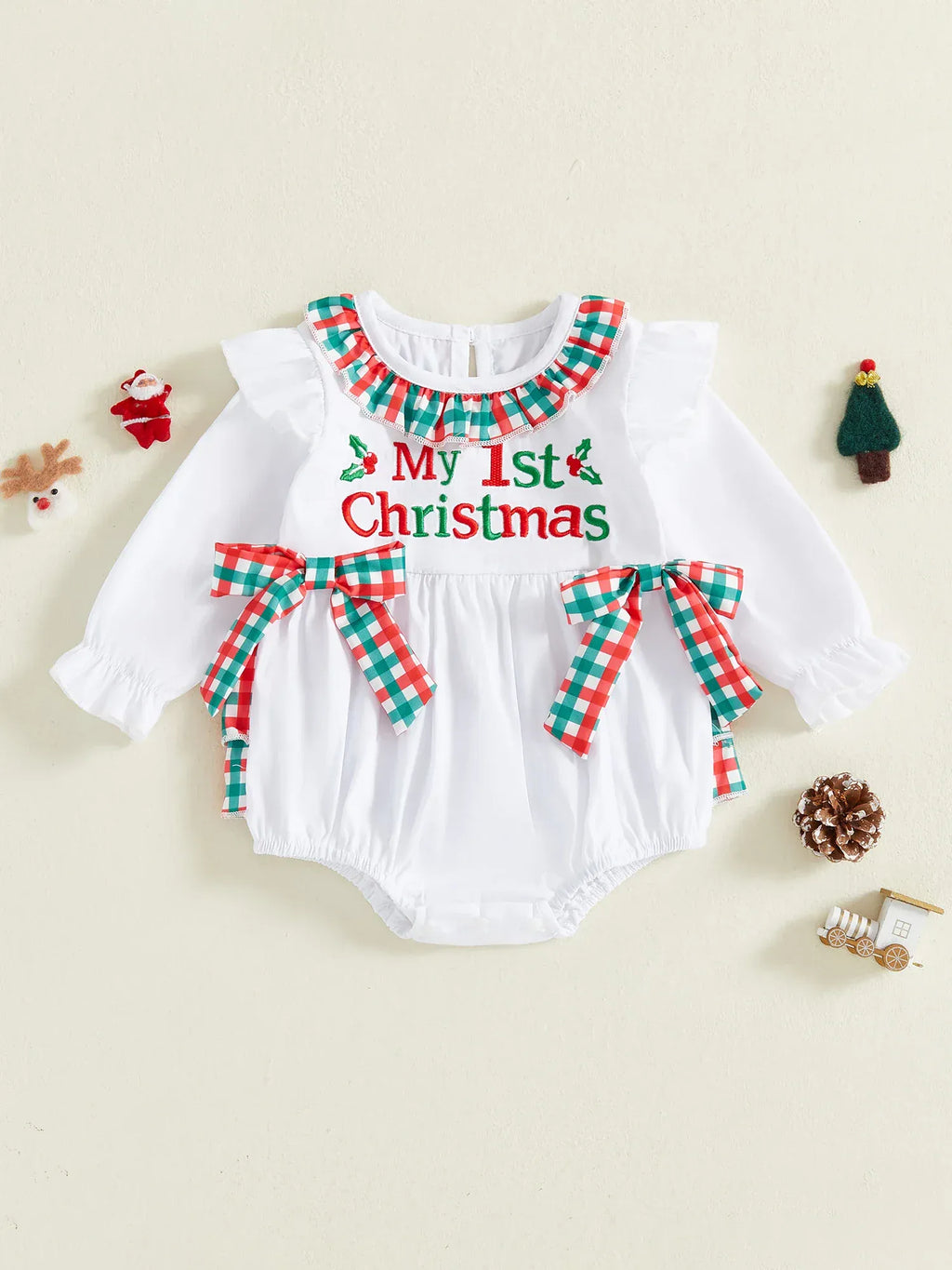 Christmas Romper with Cute Reindeer Print and Bow Detail  - Long Sleeve