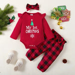 Load image into Gallery viewer, 3PC Christmas Set w/Long sleeves - Bodysuit, Bow and Checkered Pants - Baby Girl Holiday Set
