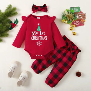 3PC Christmas Set w/Long sleeves - Bodysuit, Bow and Checkered Pants - Baby Girl Holiday Set