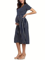 Load image into Gallery viewer, Maternity Short Sleeve Crew Neck, Striped Dress
