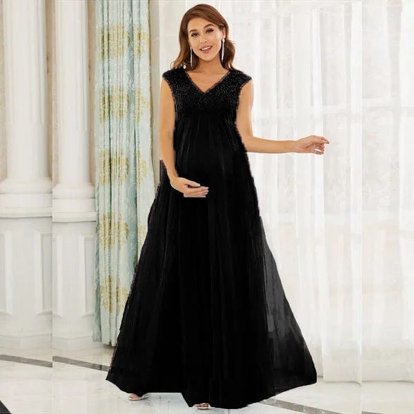 Chiffon Lace Maternity Long Dress with a V-neck