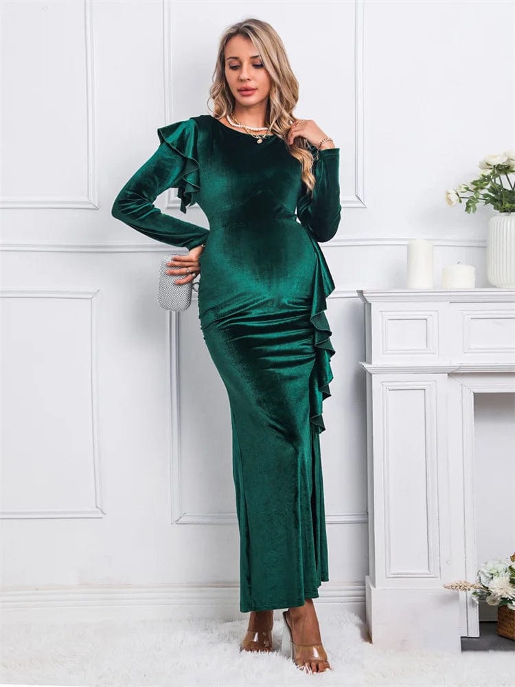 Maternity Elegant Velvet Ruffle Dress with Side High Slit and Long Sleeve Perfect for Your Christmas Party