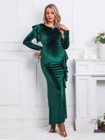 Load image into Gallery viewer, Maternity Elegant Velvet Ruffle Dress with Side High Slit and Long Sleeve Perfect for Your Christmas Party
